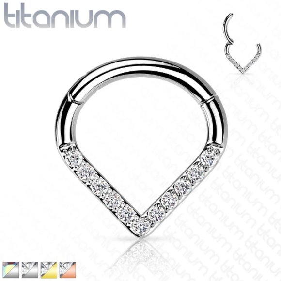 Implant Grade Titanium Hinged Segment Nose Ring Septum Hoop Ring Single Line CZ - Picture 5 of 9